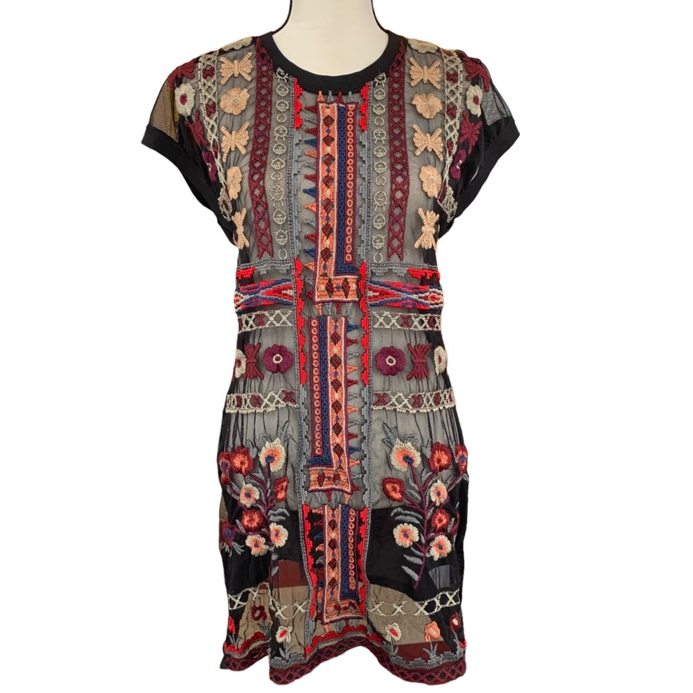Johnny Was Biya Lovisa Mesh Floral Embroidered Tunic Dress Size Small